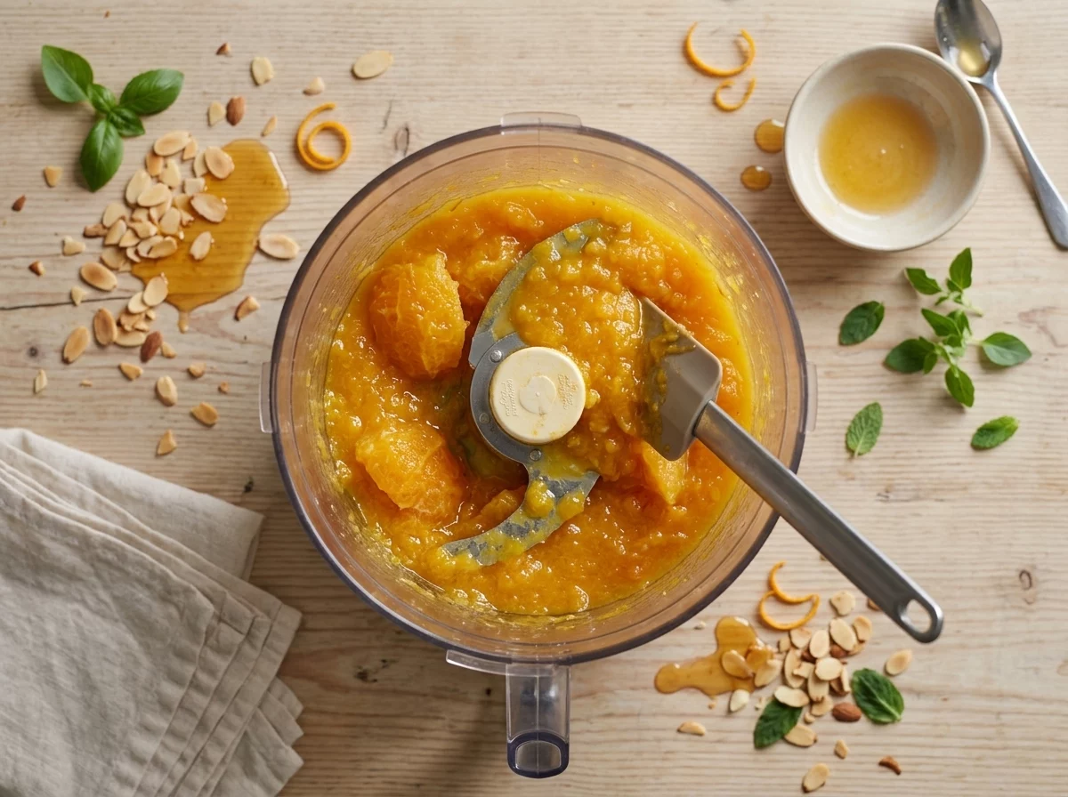 Blending boiled whole oranges, peel included, into a thick orange puree inside a food processor bowl