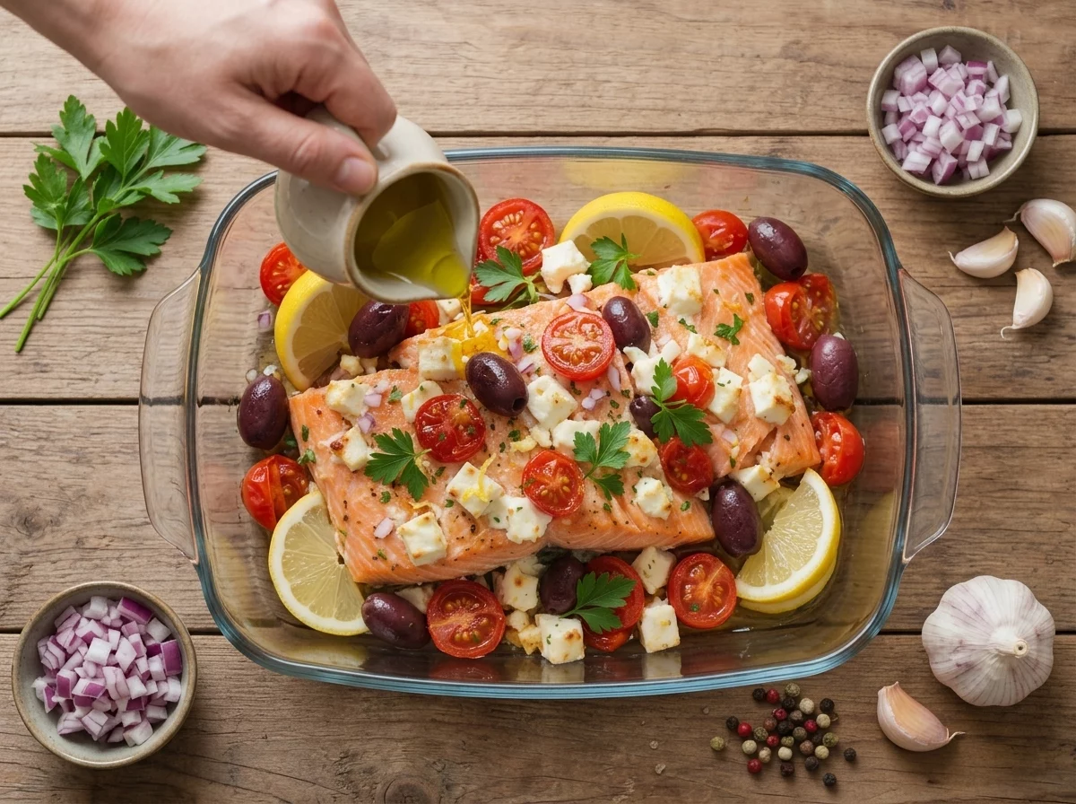 Raw salmon fillets and halved cherry tomatoes being arranged in a glass baking dish before roasting in the oven.