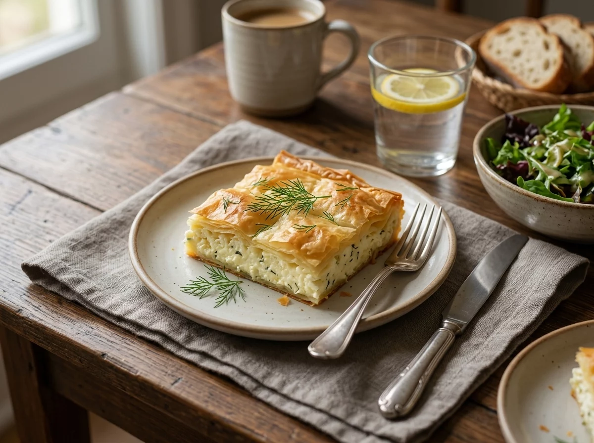 A slice of warm tiropita on a small plate next to a cup of coffee and a linen napkin on a sunlit table