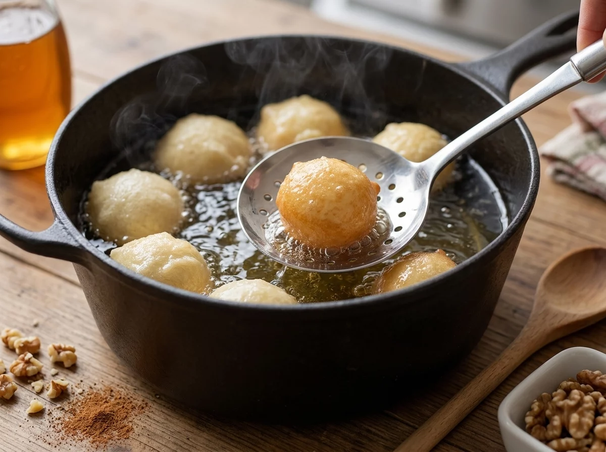 Dough balls frying in a pot of hot oil, turning golden brown and puffing up around a slotted spoon