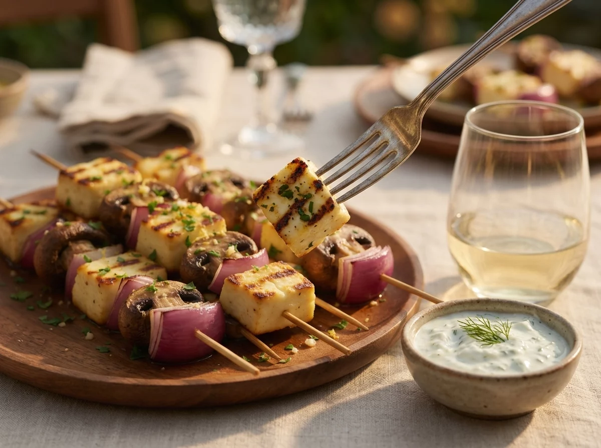 Platter of halloumi mushroom skewers on an outdoor table with tzatziki, linen napkin, and a glass of wine in golden light.