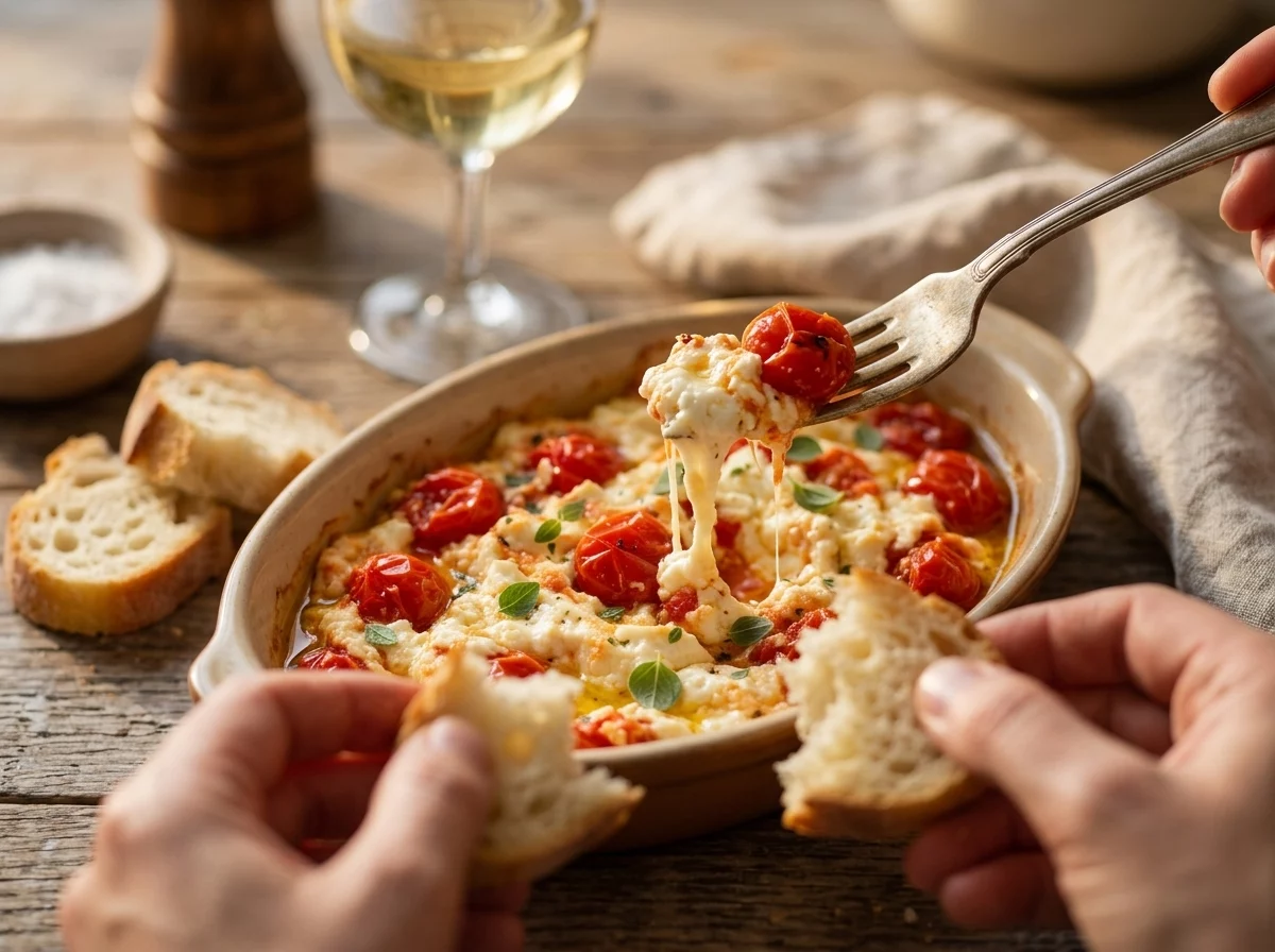 Hands tearing bread to dip into warm baked feta at a table set with wine and a linen napkin