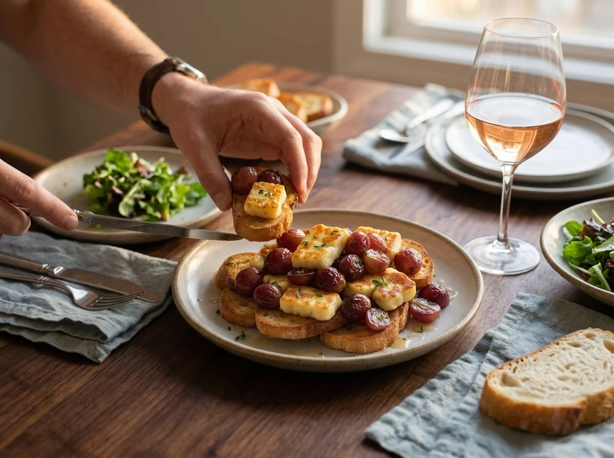 A hand lifting a halloumi and roasted grape crostini from a platter beside a glass of rosé and linen napkin