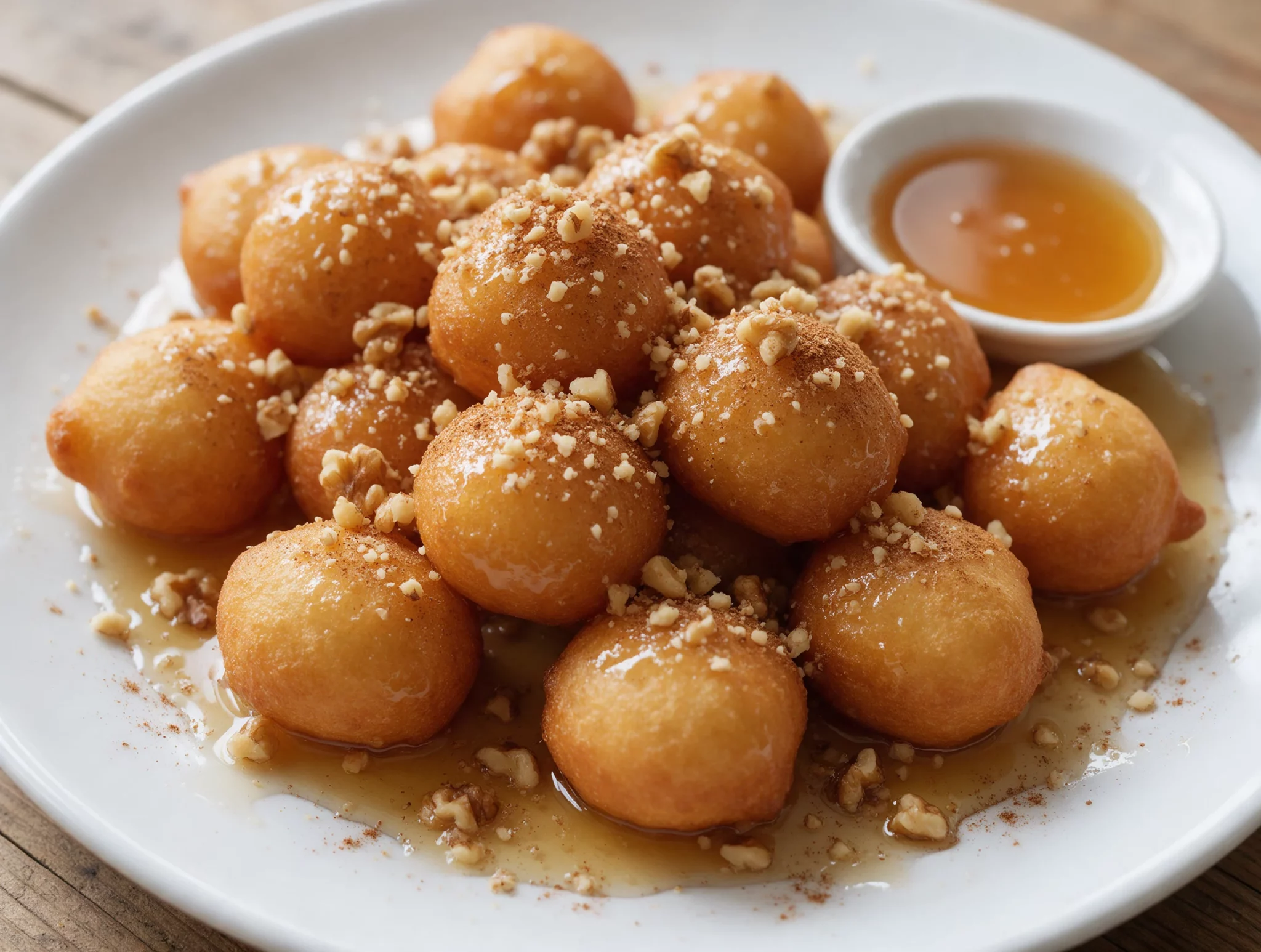 Golden loukoumades piled on a white plate, honey syrup pooling underneath, crushed walnuts and cinnamon scattered on top