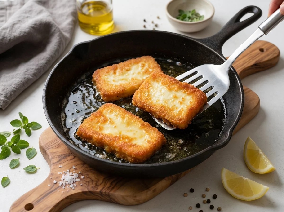 Two cheese slices sizzling in olive oil in a cast-iron skillet, edges turning golden brown and bubbling