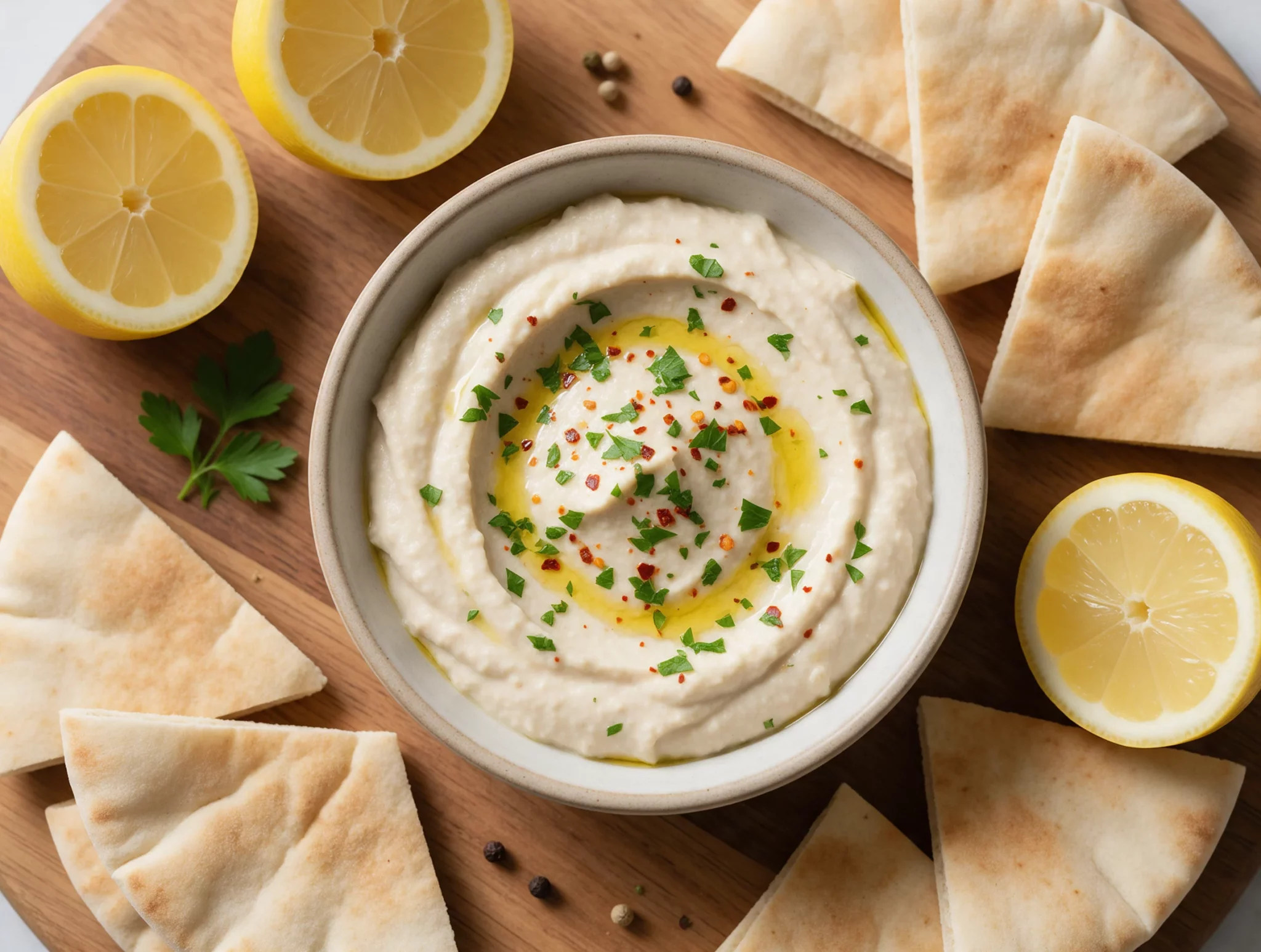 Overhead view of lemon garlic white bean dip in a shallow bowl, topped with parsley and olive oil, pita wedges alongside