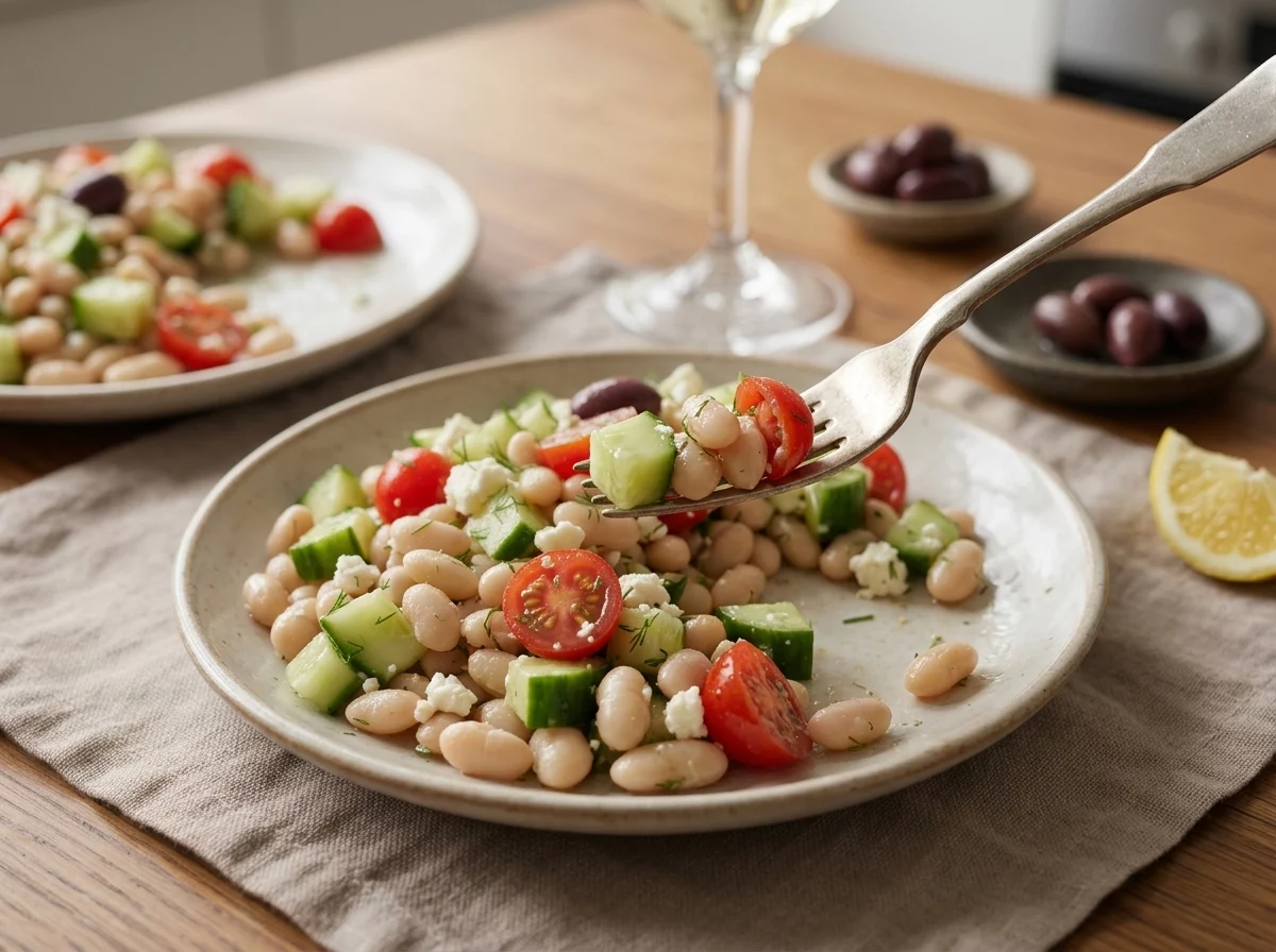 Two plates of white bean and herb salad on a table with wine glasses and a small bowl of olives