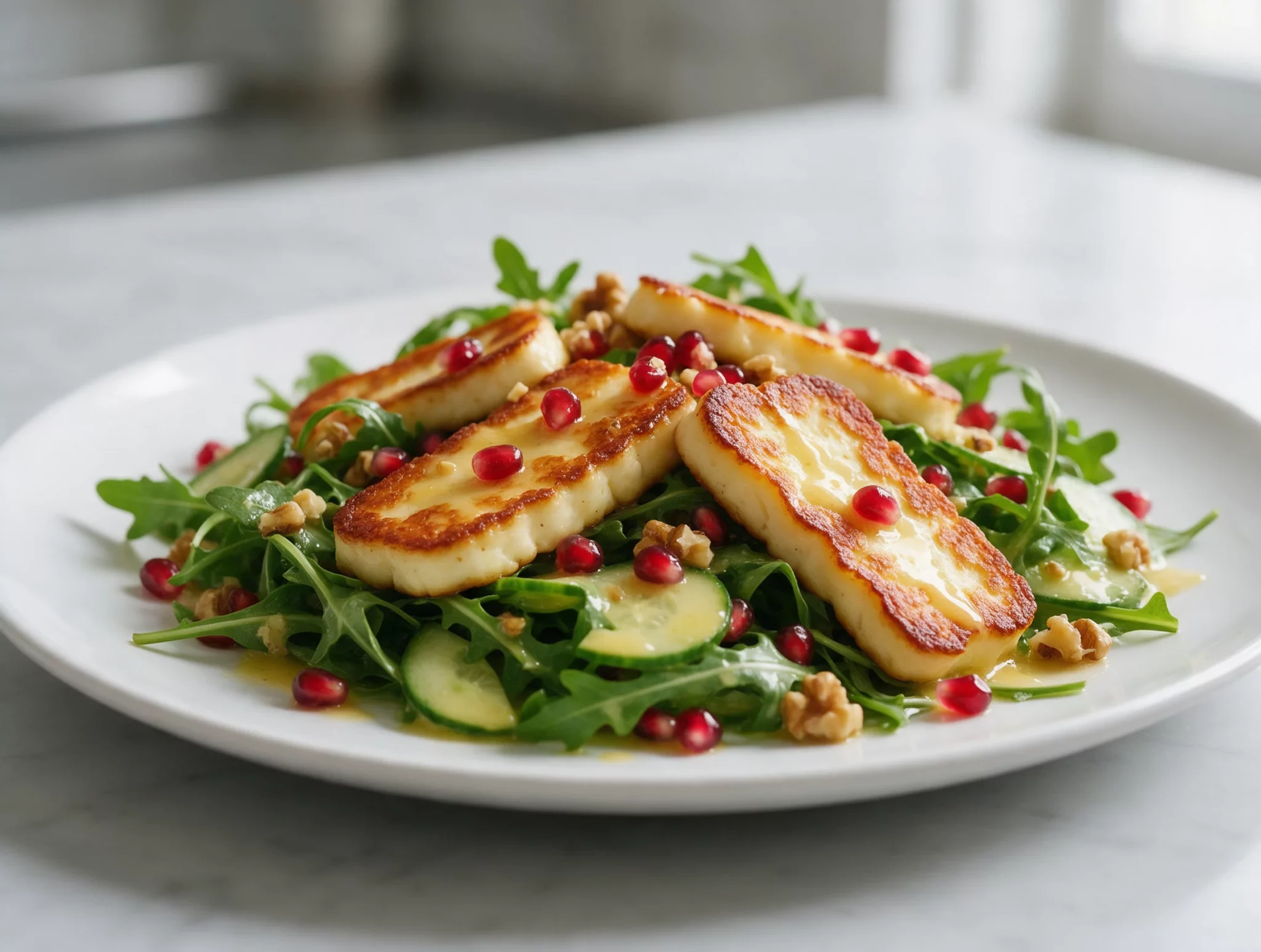 Overhead view of golden pan-fried halloumi slices scattered over greens, cucumber, and ruby pomegranate seeds on a white plate