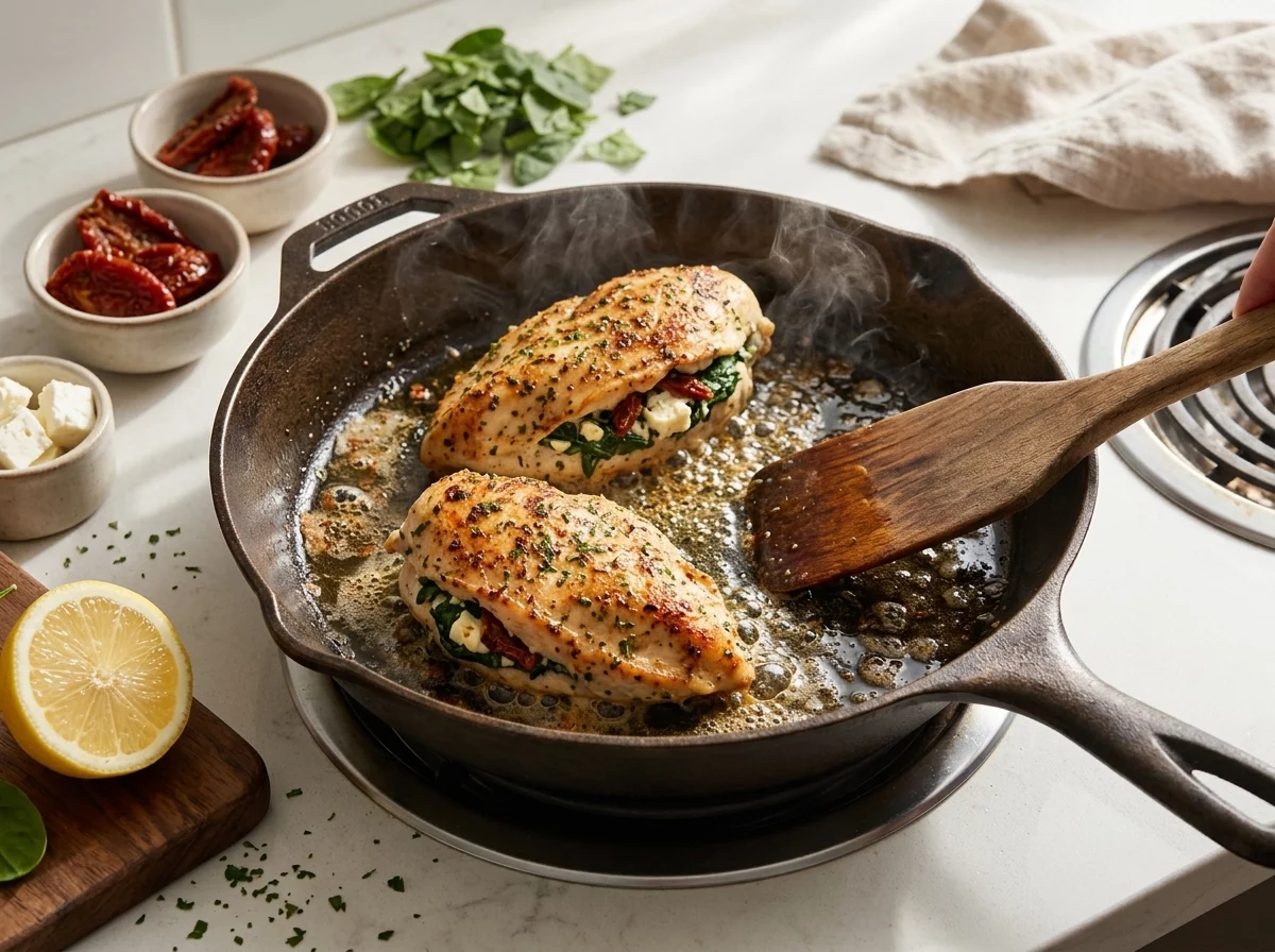 Two chicken breasts searing in a cast iron skillet with golden crust forming and oil sizzling around the edges