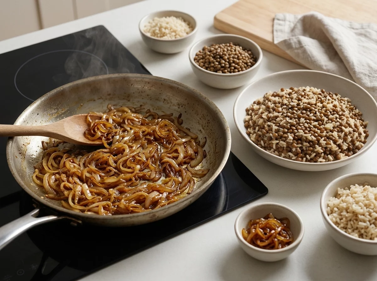 Thinly sliced onions turning deep golden and glossy in a skillet, stirred with a wooden spoon over stovetop heat.