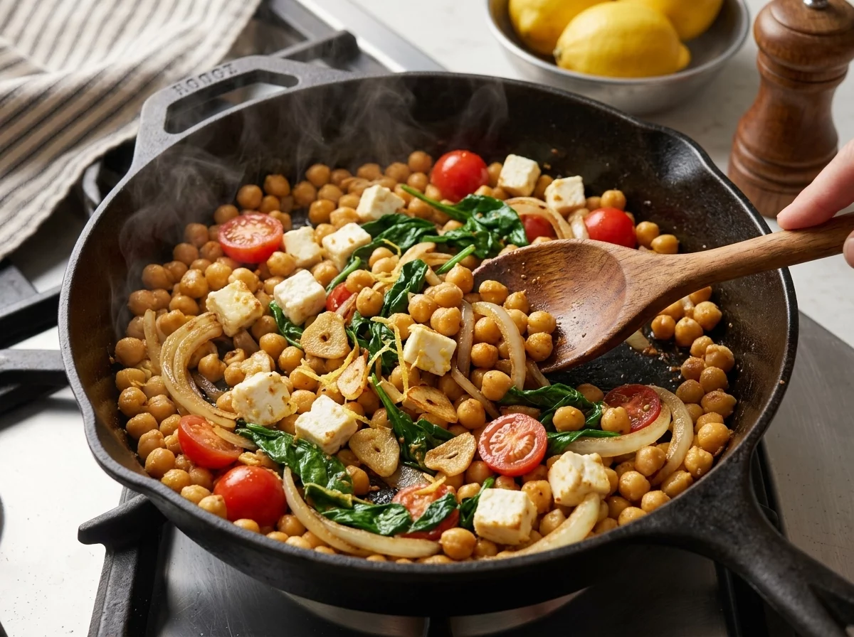 Chickpeas sizzling with sliced garlic and cumin in a cast iron skillet, edges turning golden as a wooden spoon stirs