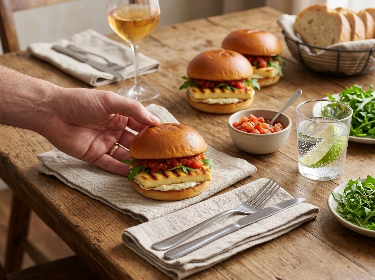 Hands reaching for a halloumi burger on a linen napkin, with a small bowl of tomato relish and sparkling water alongside.