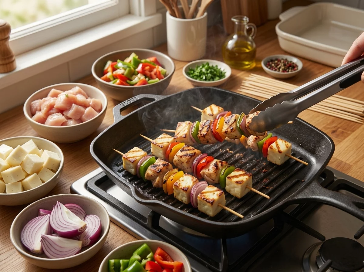 Chicken and halloumi skewers sizzling on a hot grill pan with golden grill marks forming on the cheese