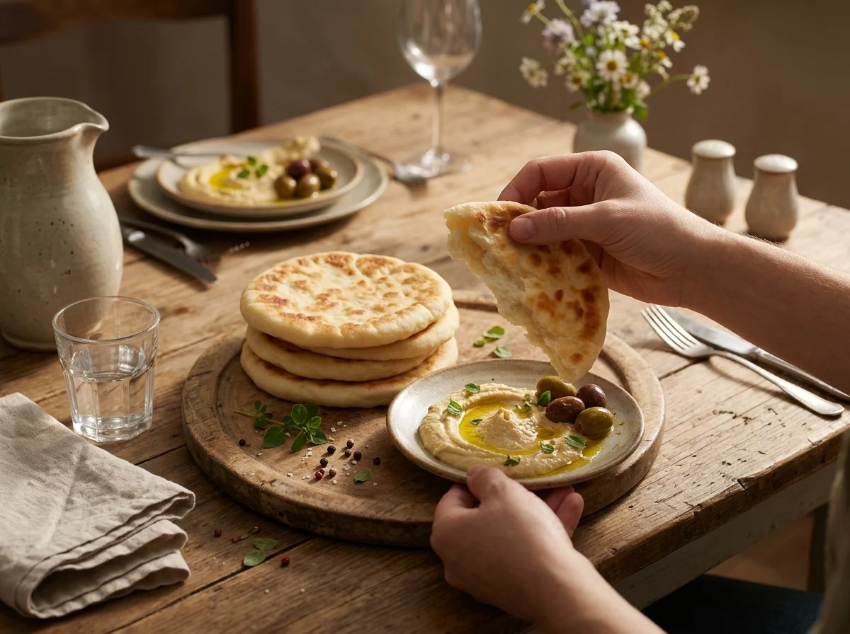 Hands tearing a warm flatbread over a plate of hummus and olives on a rustic wooden table