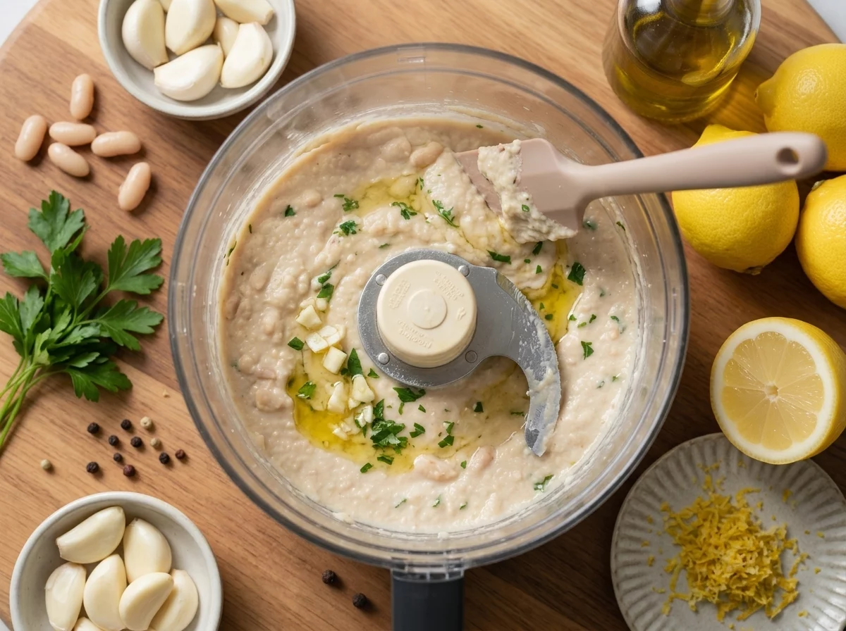 Cannellini beans and tahini being blended smooth in a food processor with a spatula scraping the sides