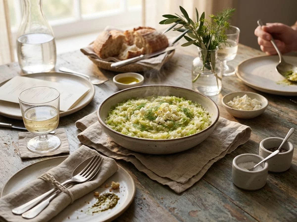 Bowl of lahanorizo topped with crumbled feta set on a linen napkin beside a glass of wine and crusty bread