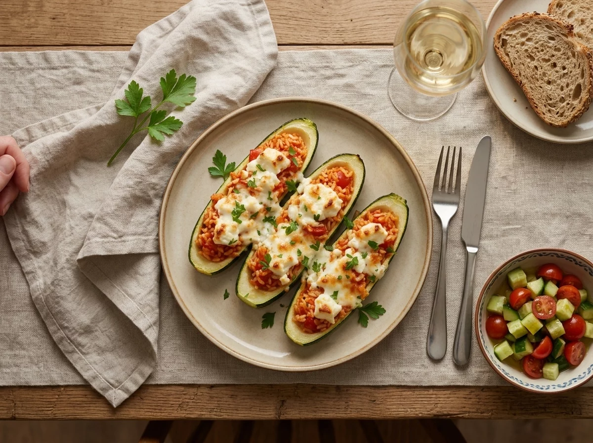 A rustic table set with a plate of stuffed courgettes, a cucumber salad, a linen napkin, and a glass of white wine.