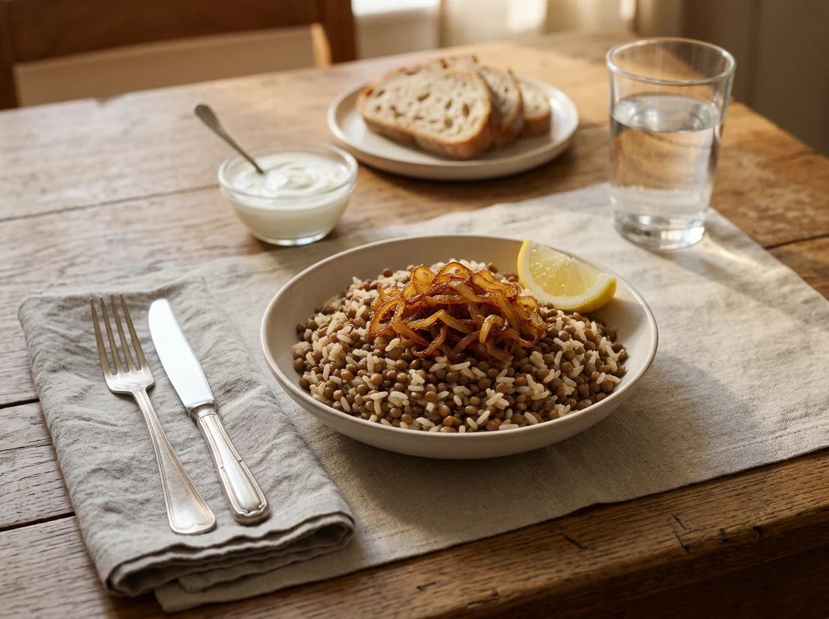 A wooden table set with a bowl of lentils and rice, a small dish of yogurt, a linen napkin, and warm natural light.