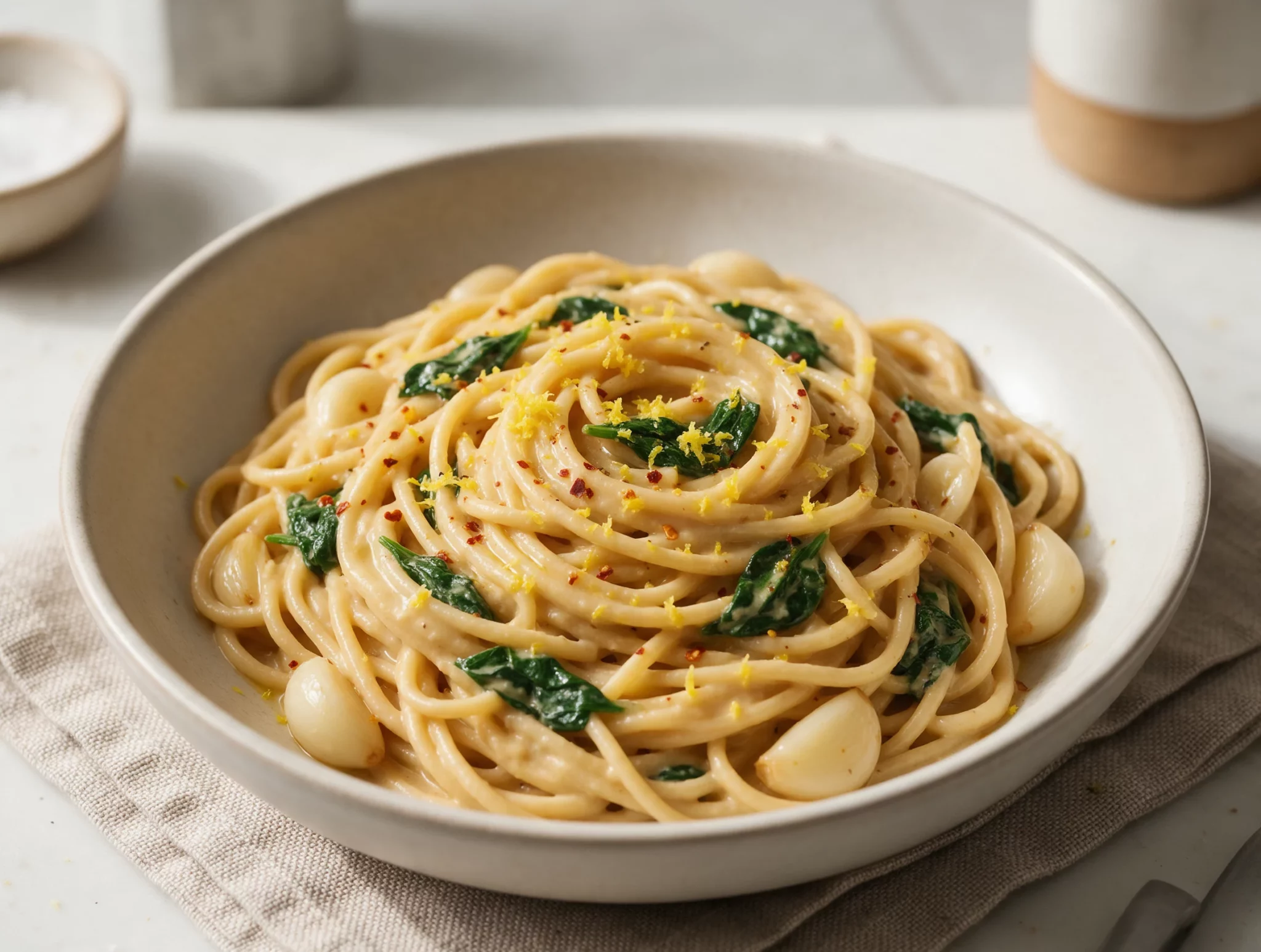 Easy Creamy Lemon Tahini Pasta with Spinach and Garlic