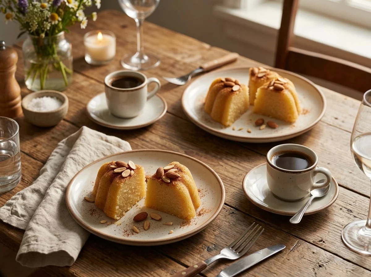 Two plates of warm semolina halva beside small cups of Greek coffee on a linen-covered wooden table