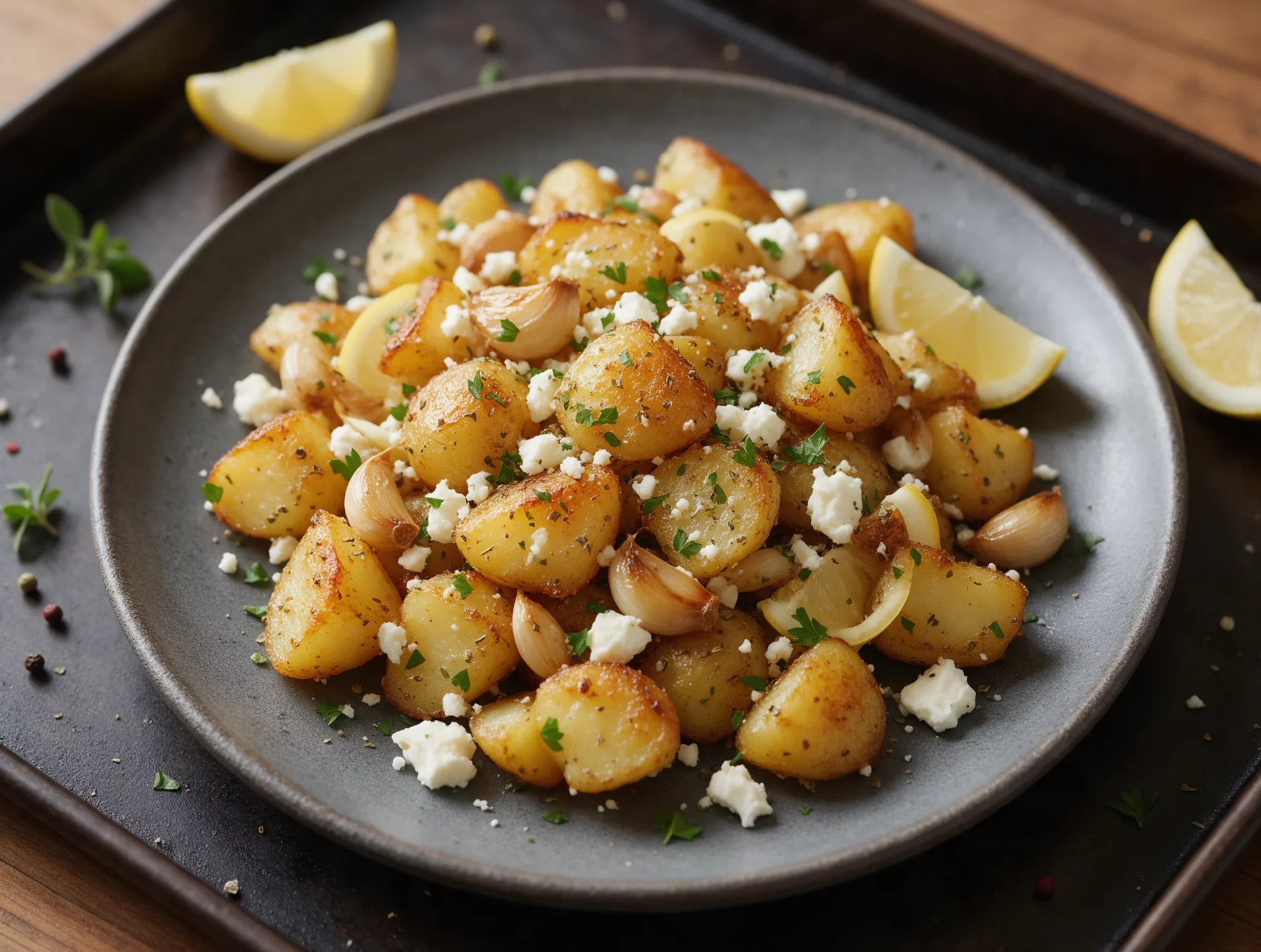 Overhead view of crispy roasted potatoes with soft garlic cloves, crumbled feta, and parsley on a rustic sheet pan
