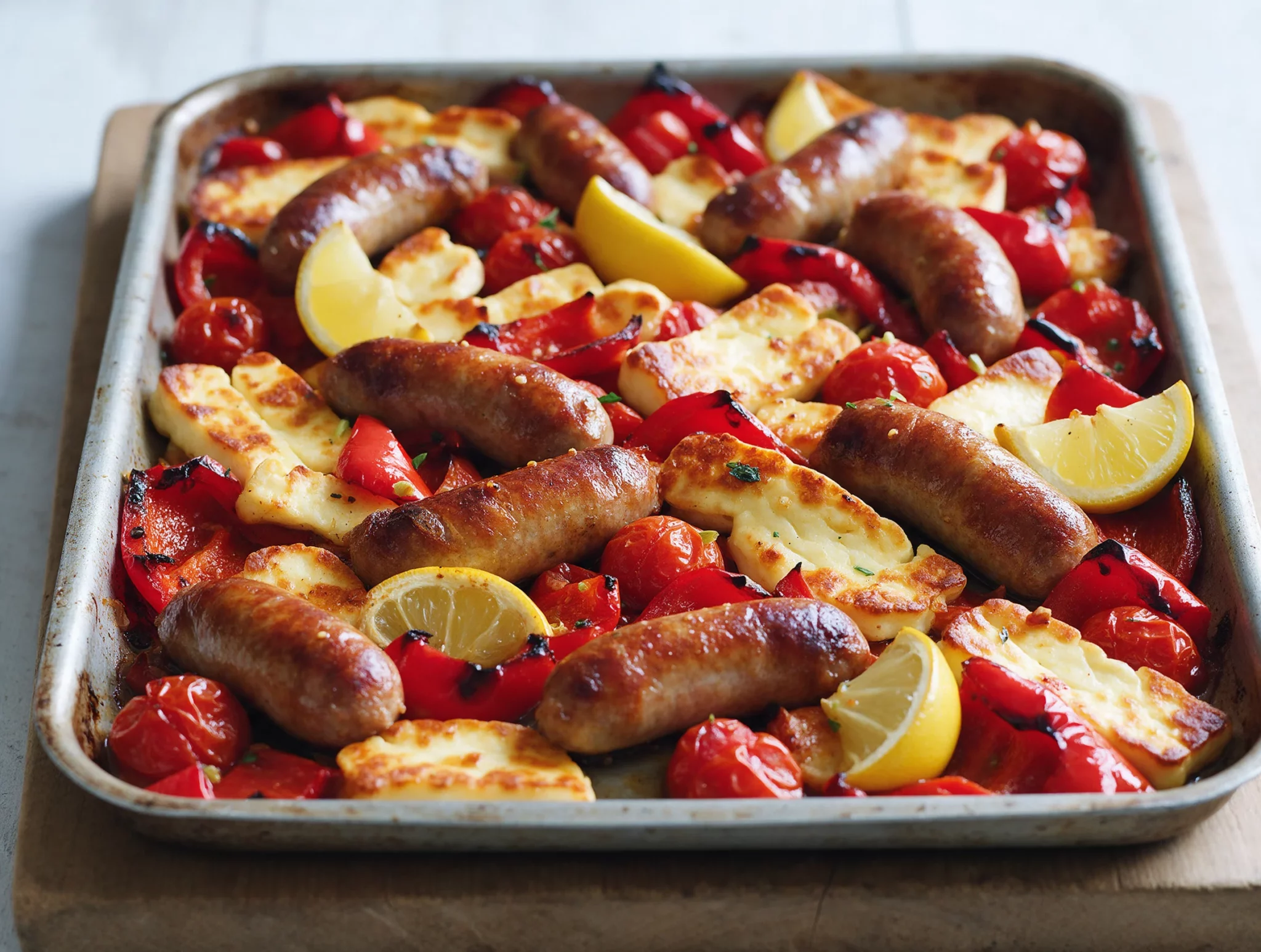 Overhead view of golden roasted sausages, halloumi slices and charred peppers on a rustic sheet pan with lemon wedges