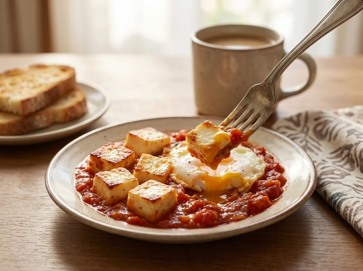 Wooden table set with the halloumi tomato bake skillet, toasted bread, and a cup of coffee in morning light