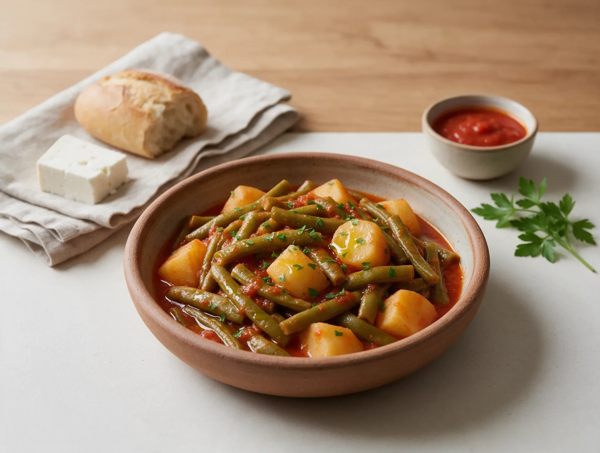 Rustic bowl of braised fasolakia green beans and potatoes in thick tomato sauce, crusty bread and feta on the side