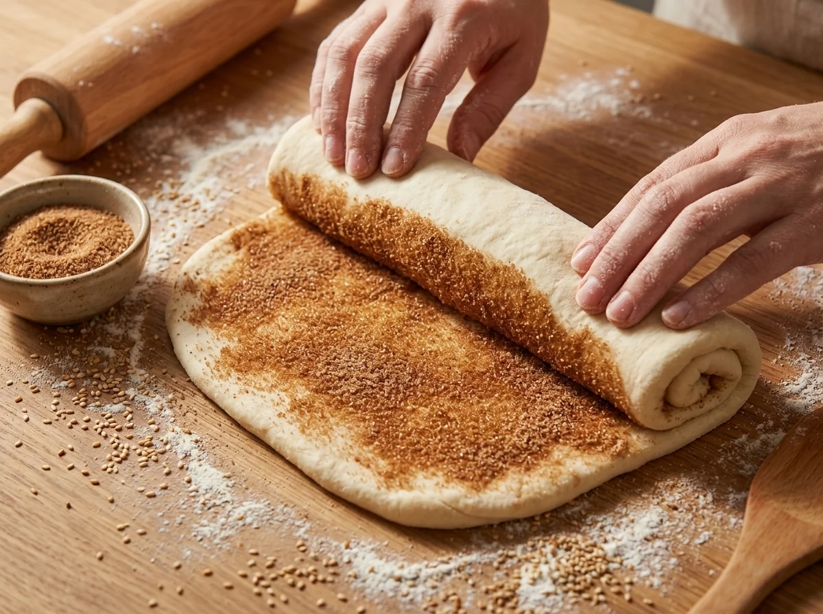 Hands rolling a cinnamon sugar filled dough rectangle into a tight log on a floured countertop.