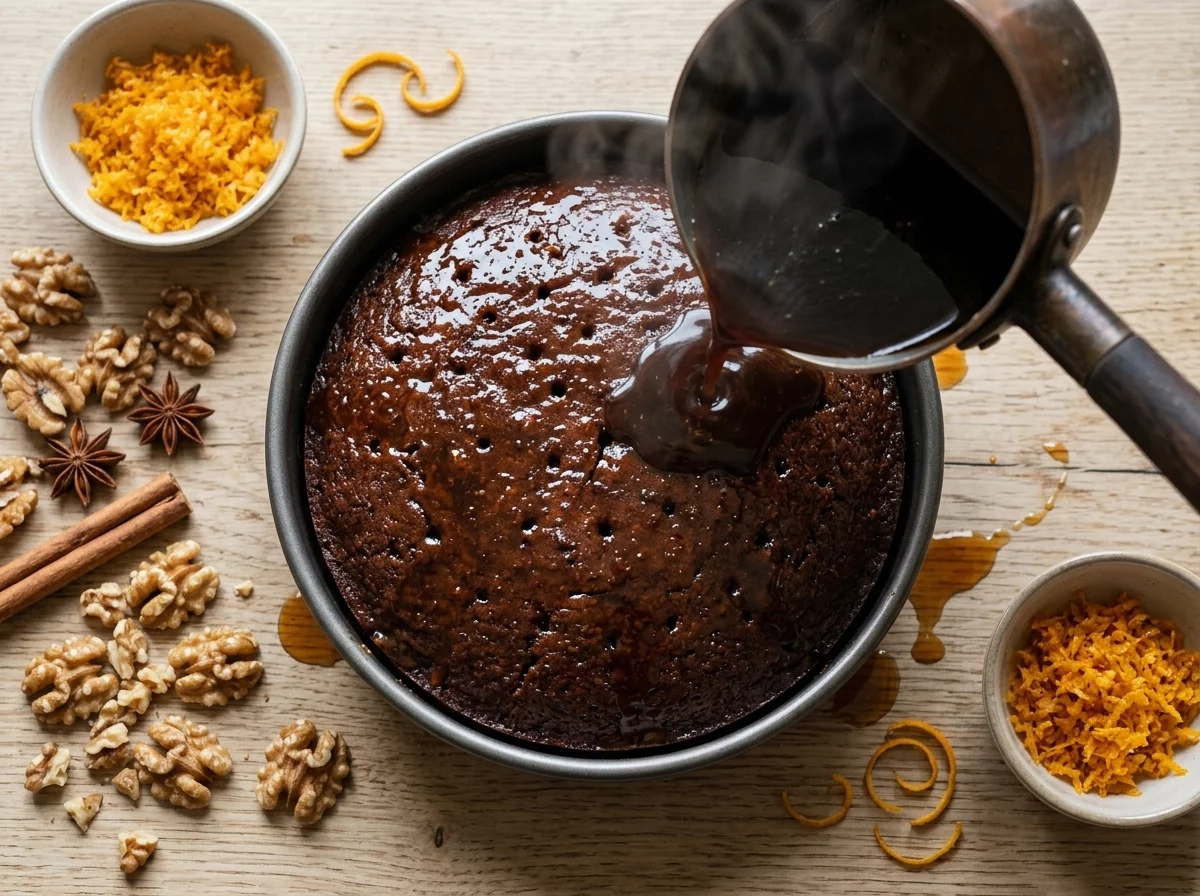 Warm carob syrup being poured over a freshly baked cake in a round pan, steam rising, skewer holes visible on top