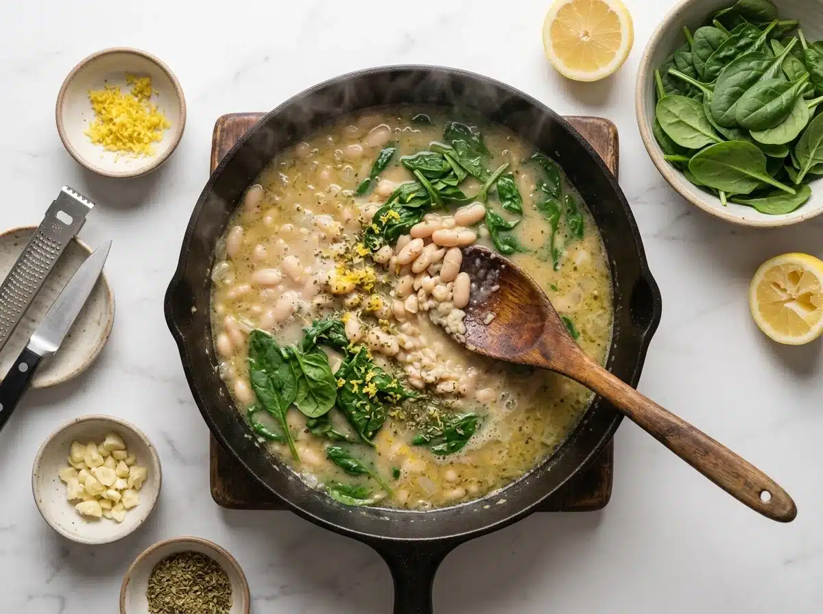 Wooden spoon mashing cannellini beans against the side of a skillet as the garlicky broth bubbles and thickens