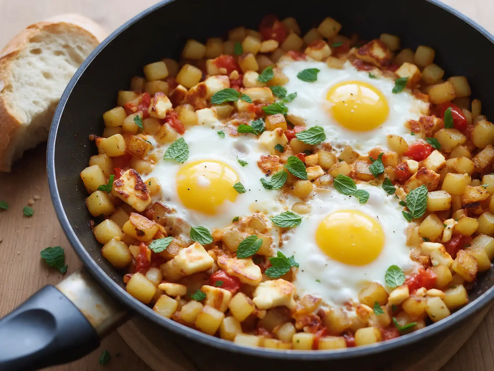 Skillet of crisp diced potatoes, halloumi and tomatoes topped with eggs and fresh mint