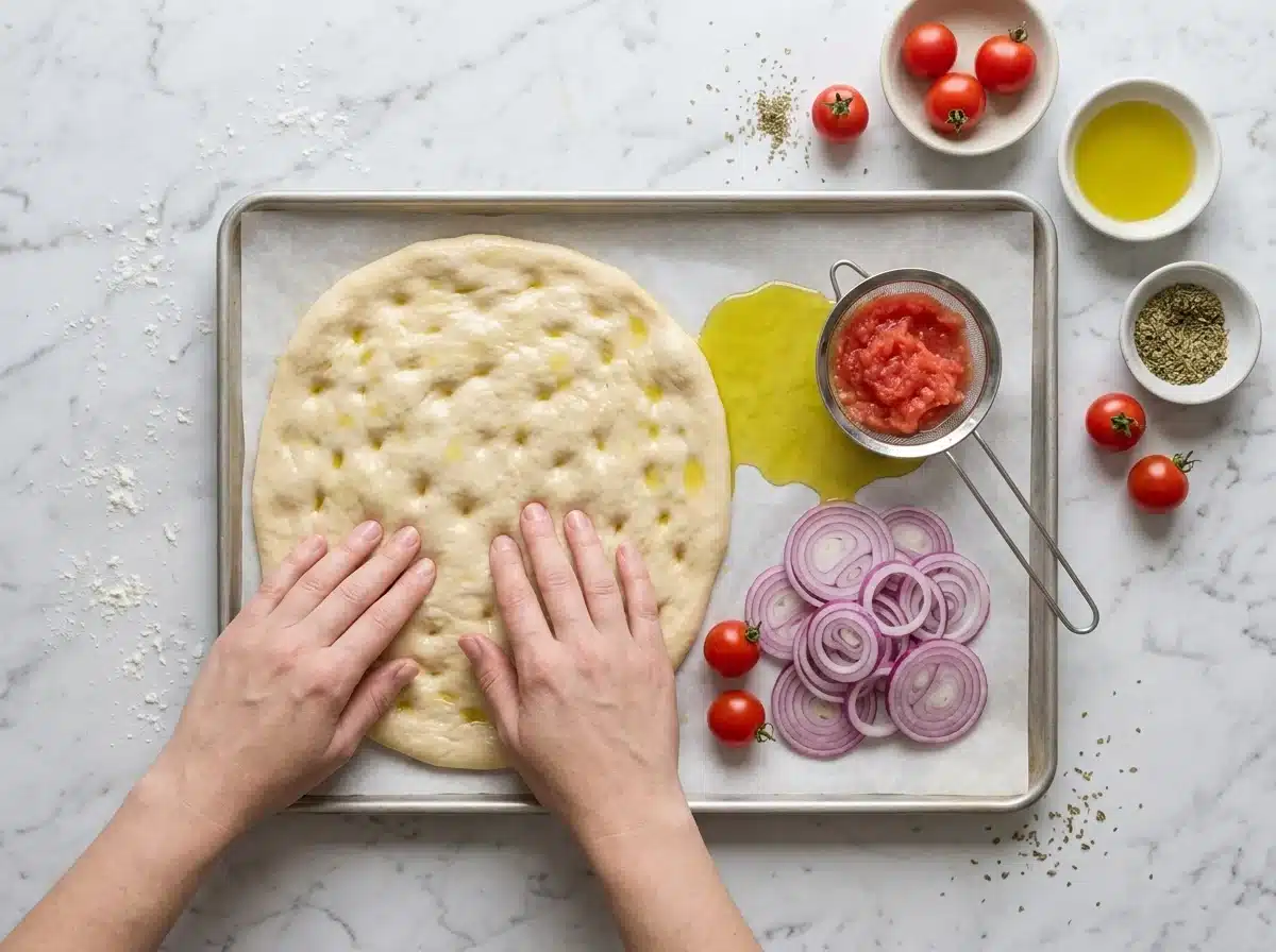Hands dimpling olive-oil-brushed flatbread dough on a parchment-lined sheet pan before the tomato goes on