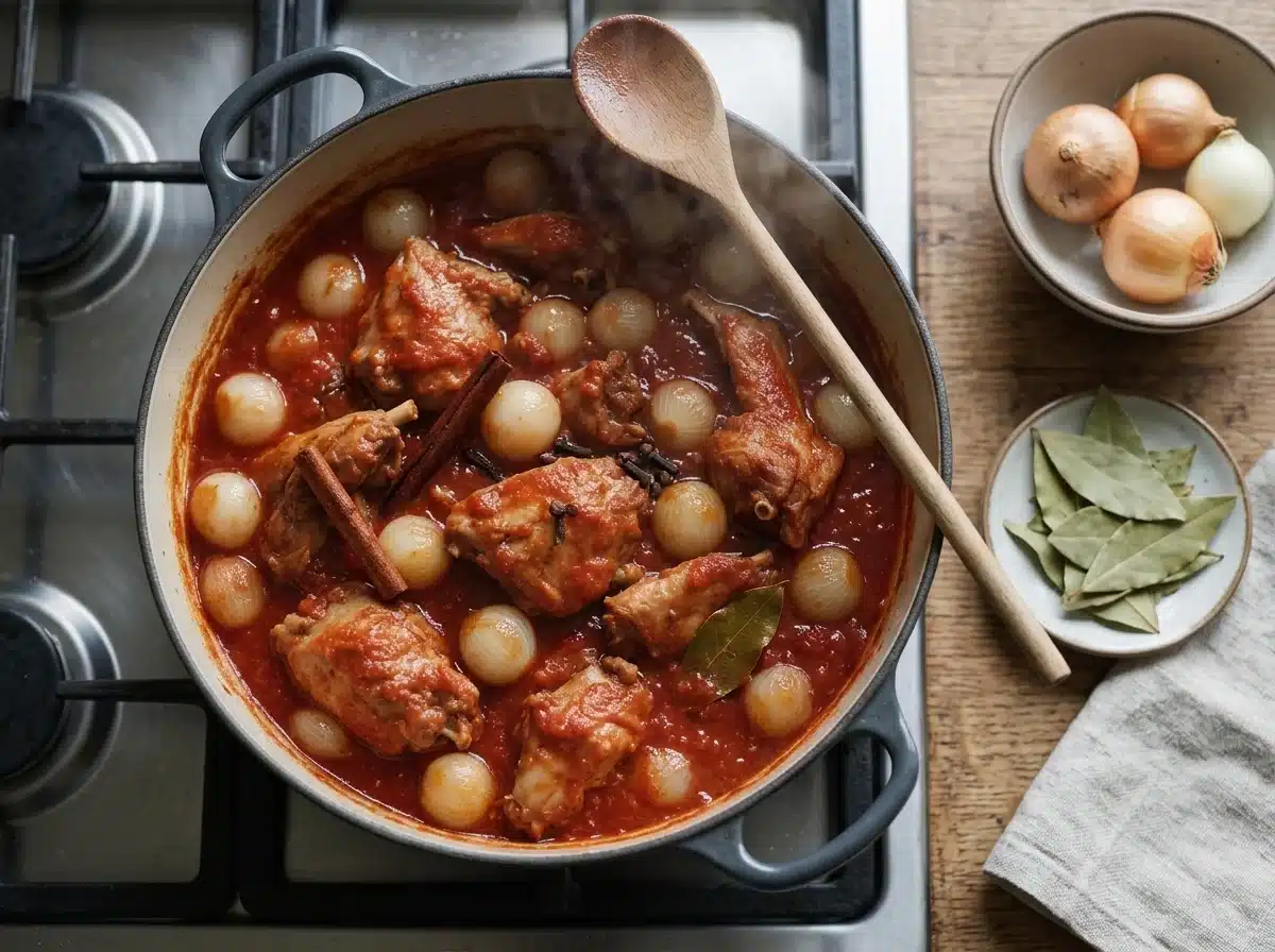 Browned rabbit pieces and peeled onions nestled in red wine tomato sauce just before the lid goes on