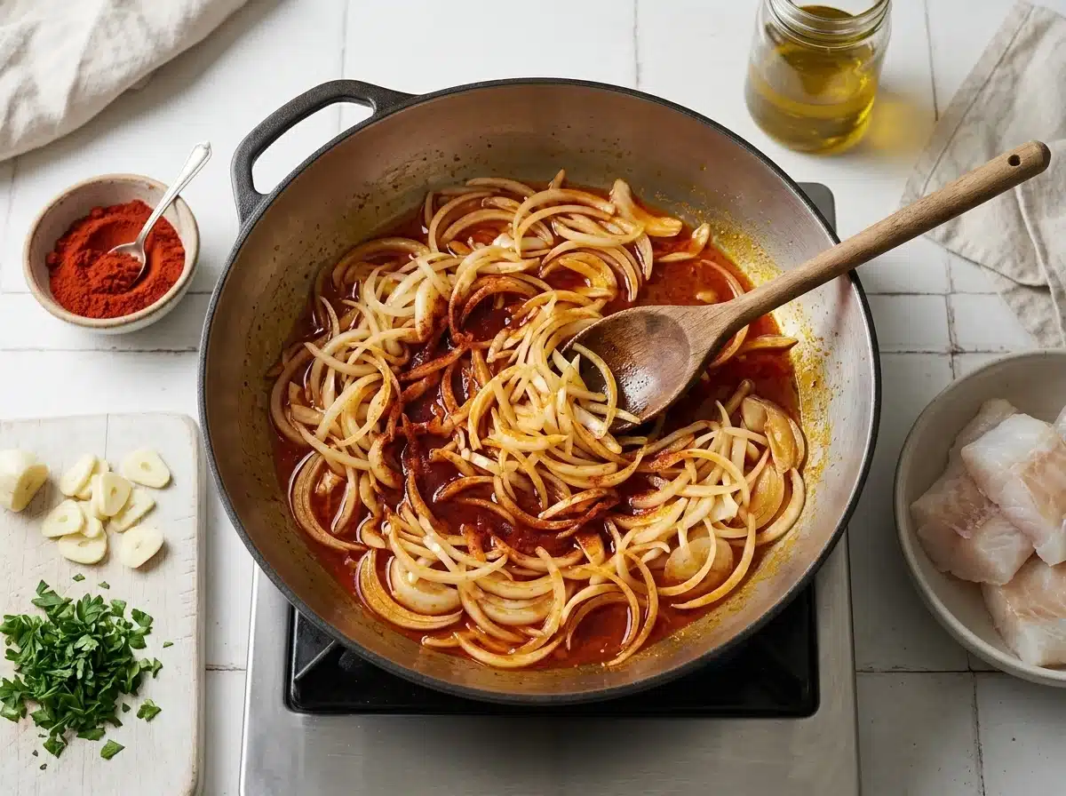 Sliced onions softening in olive oil as sweet paprika is stirred in with a wooden spoon on the stovetop