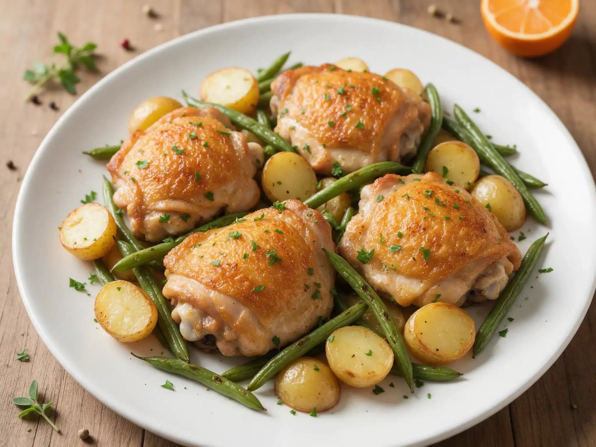 Roasted Lemon Garlic Chicken Thighs with Potatoes and Beans
