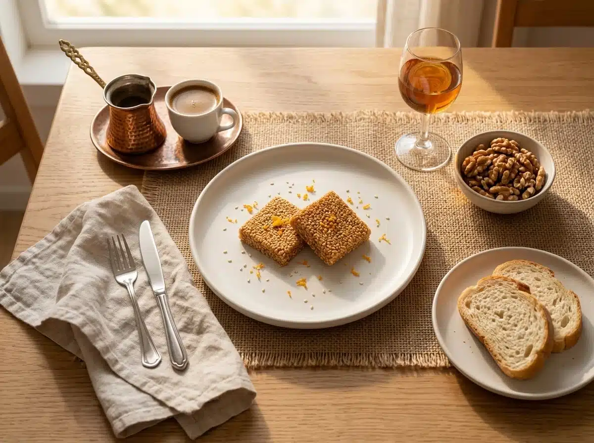 Two squares on a small plate beside a cup of Greek coffee and a bowl of walnuts on a sunny kitchen table
