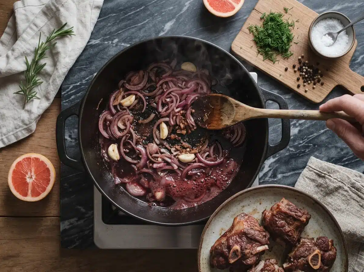 Wooden spoon scraping browned bits as red wine bubbles around onions and garlic in a Dutch oven