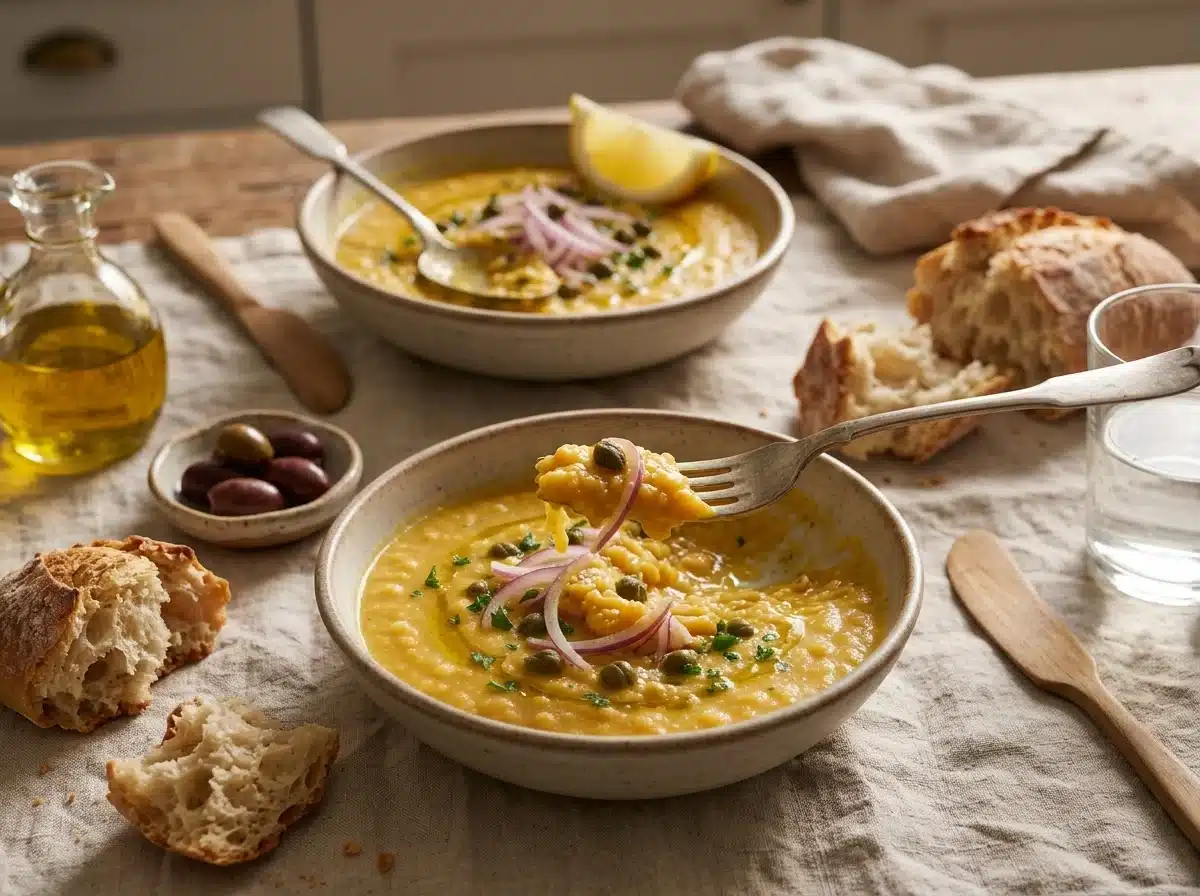 Two bowls of soup served with torn crusty bread and olives on a linen-covered table by a sunny window