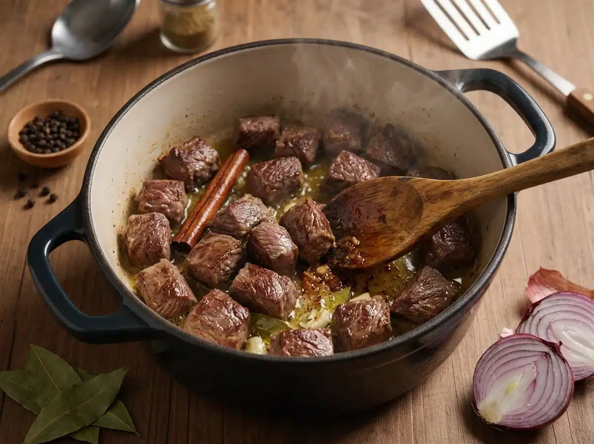 Browned beef cubes and cinnamon stick simmering in tomato sauce with a wooden spoon scraping the bottom of the pot