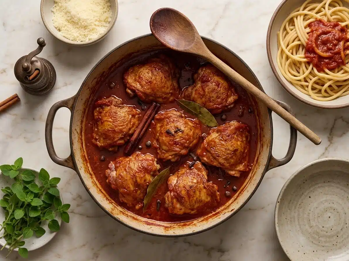 Chicken thighs simmering in a red tomato sauce with a cinnamon stick in a dark Dutch oven