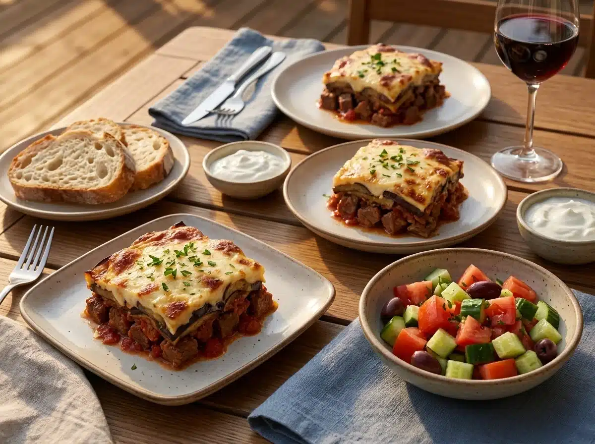 Two plates of kalogeros squares beside a tomato salad, bread and red wine on a sunny outdoor table
