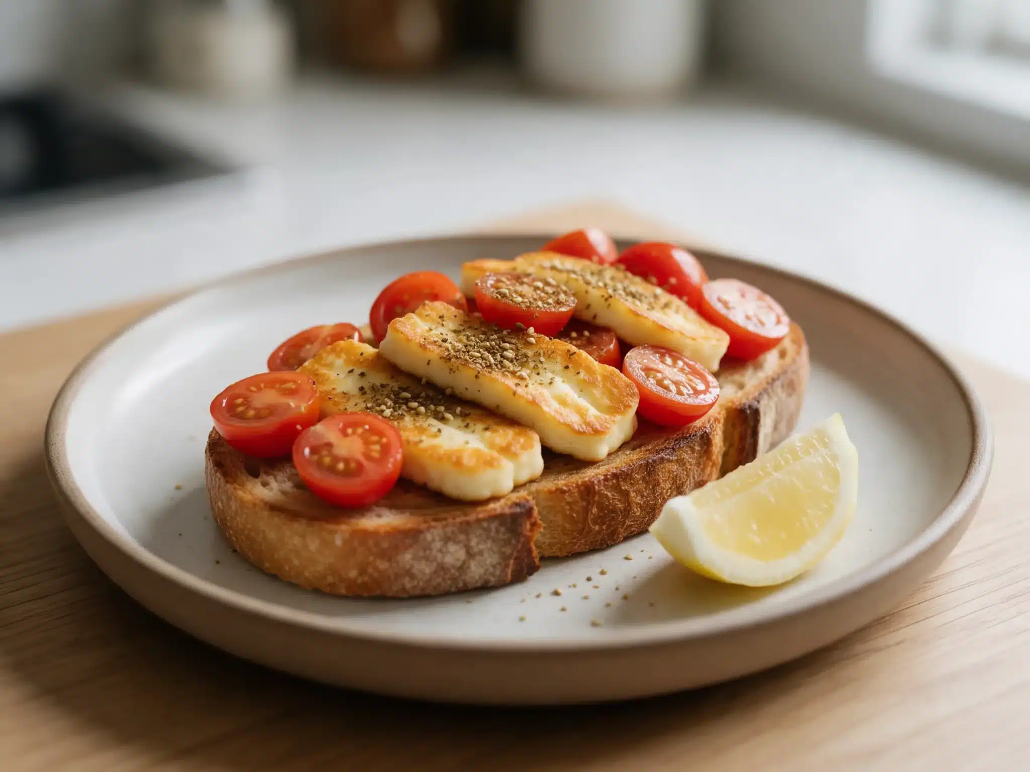 Sourdough toast topped with golden halloumi slices, cherry tomatoes and za'atar