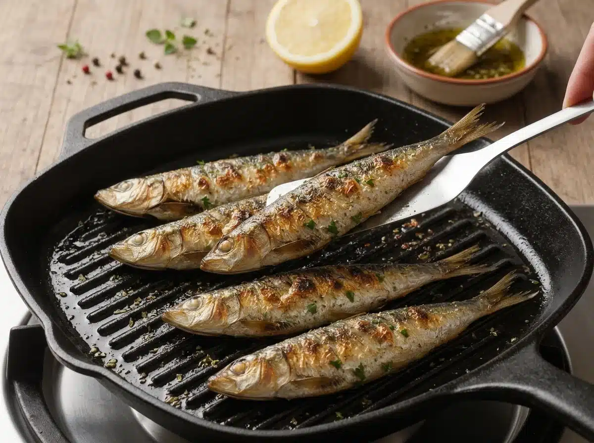 Sardines sizzling in a cast-iron grill pan as a thin spatula lifts one to check the skin