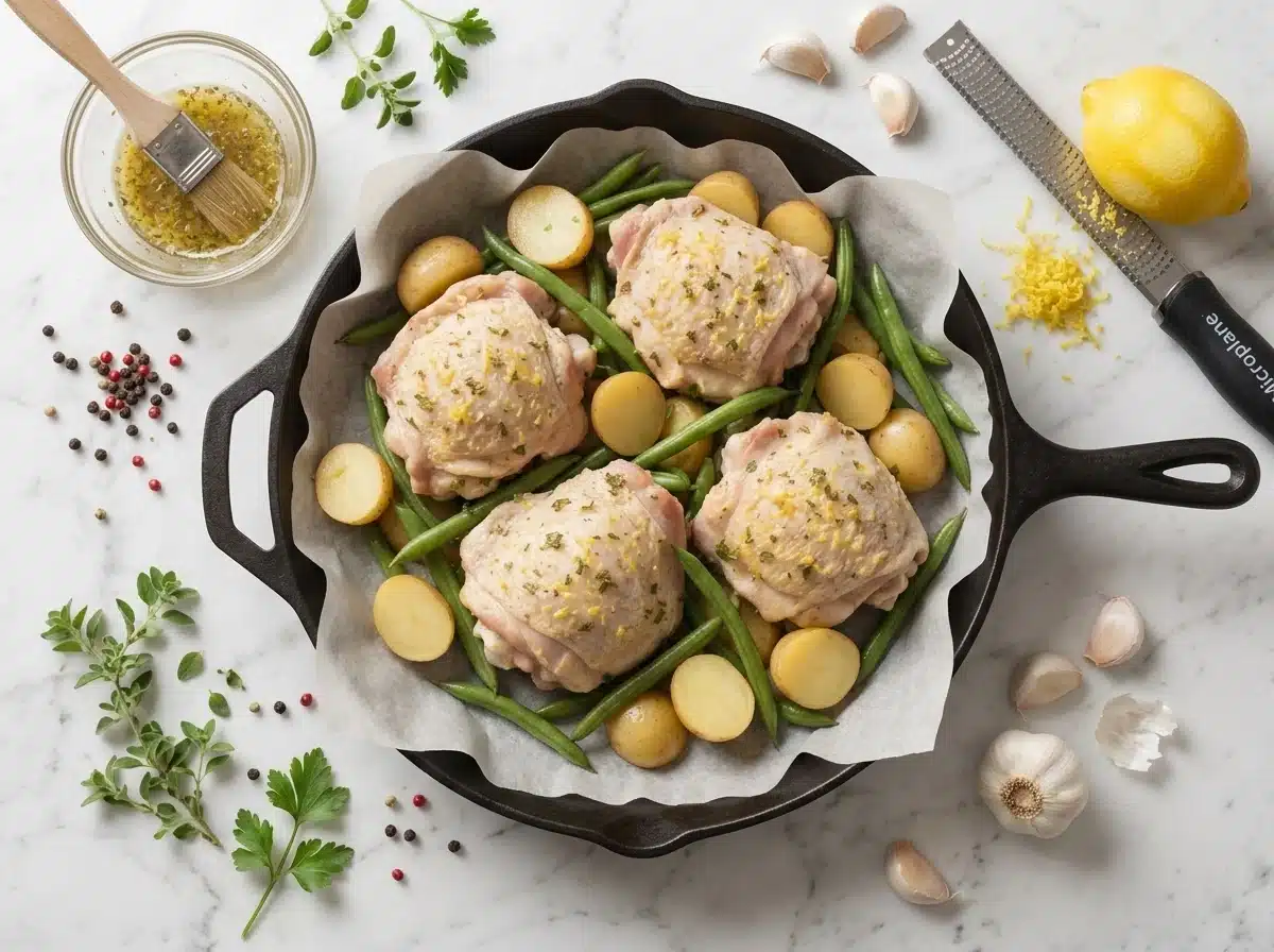 Raw chicken thighs rubbed with garlic and lemon zest, skin-side up between potato halves on parchment