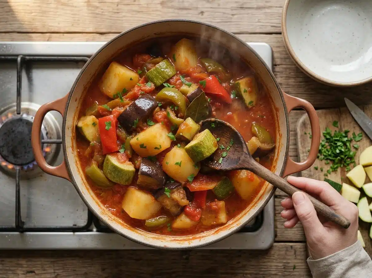 Wooden spoon stirring zucchini chunks into simmering tomato and potato stew in a Dutch oven on the stove