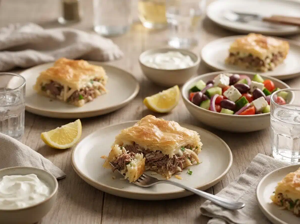 Two plates of pie squares served beside Greek salad, yogurt and lemon wedges on a linen-covered dining table