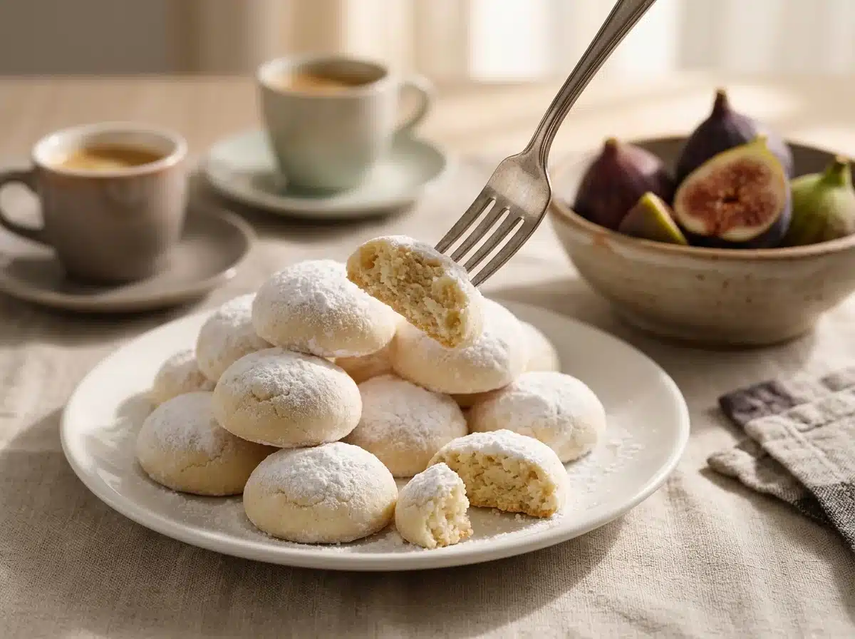 Plate of sugar-dusted cookies on a linen-covered table with two coffee cups and a small bowl of figs