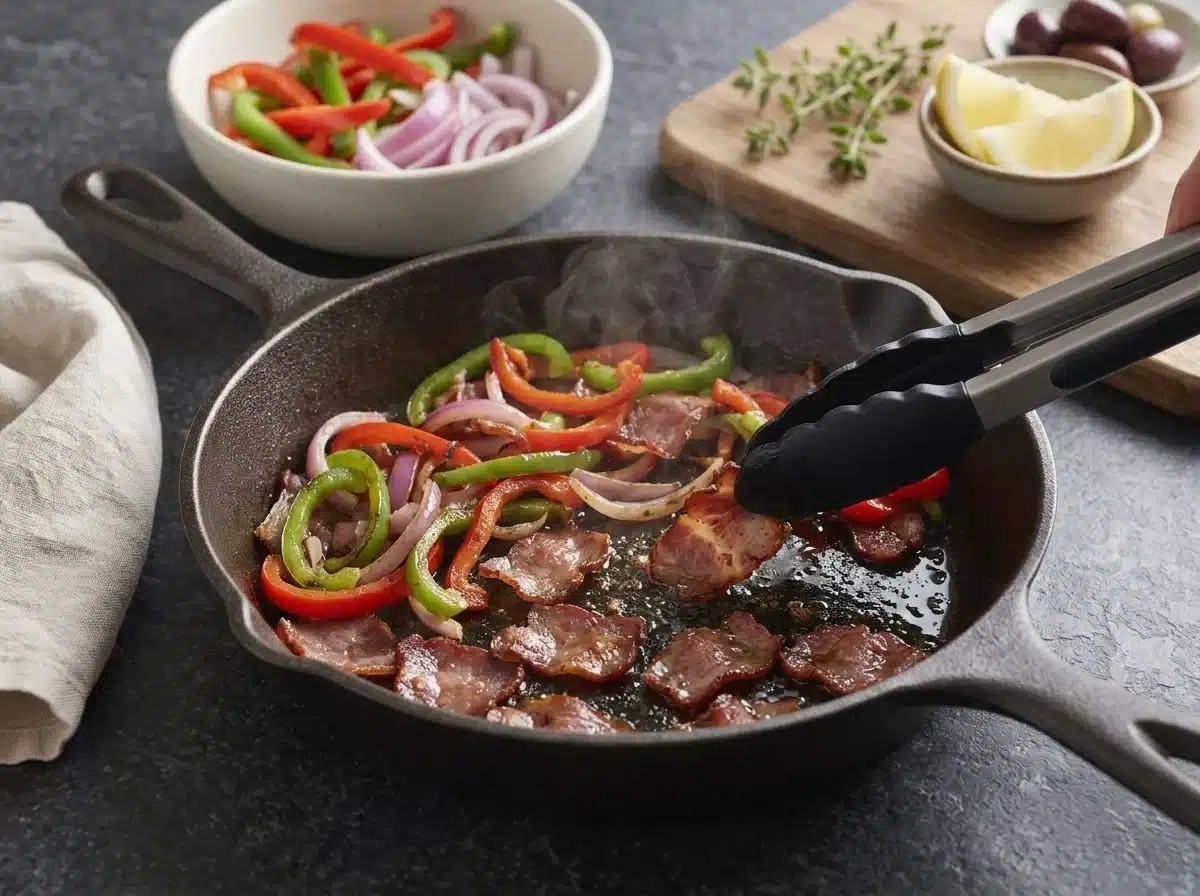 Tongs turning thin apaki slices in a hot pan, edges browning, with softened peppers resting in a bowl nearby