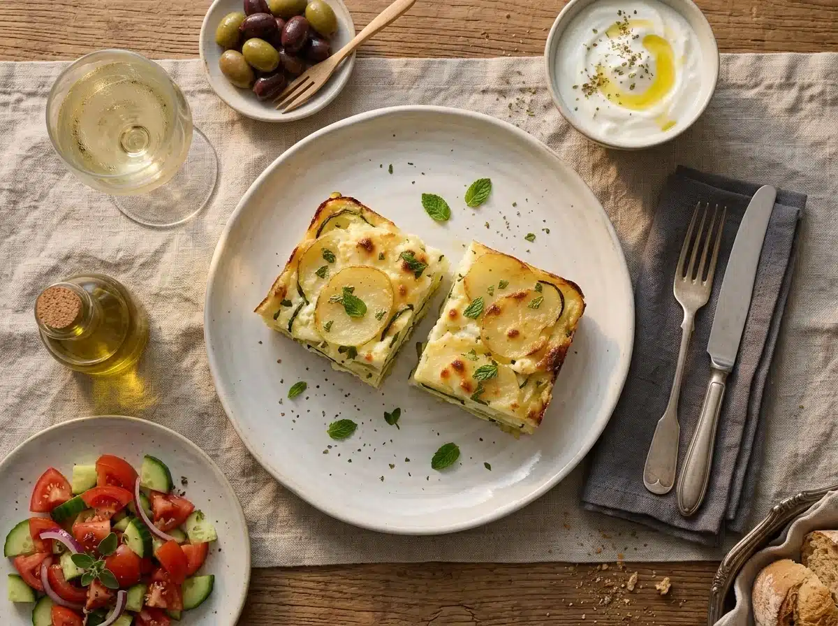 Two plates of boureki with tomato salad and yogurt on a linen-covered table, set for a weeknight dinner